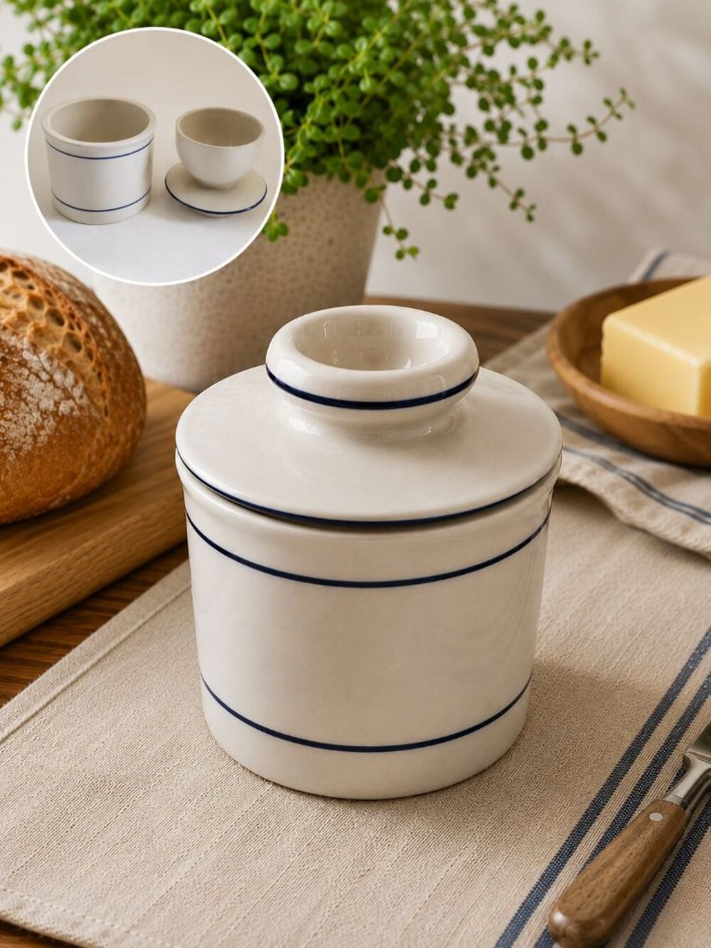 Norpro Ceramic Butter Bell Crock White Blue Stripe French Butter Keeper w/ Lid